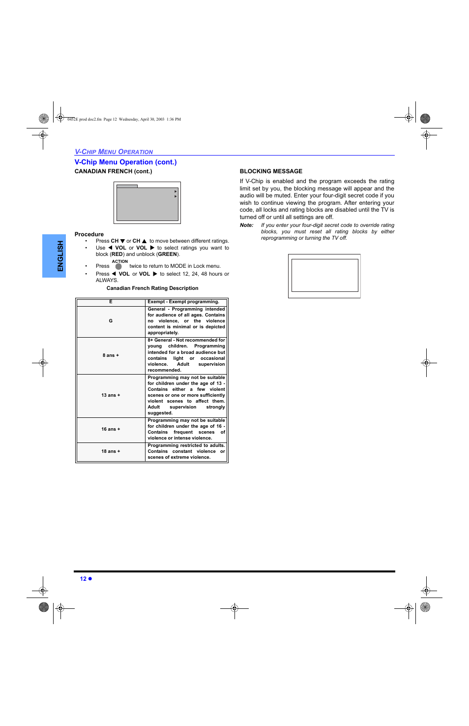 En gli s h v-chip menu operation (cont.) | Panasonic CT 20L8 User Manual | Page 14 / 57