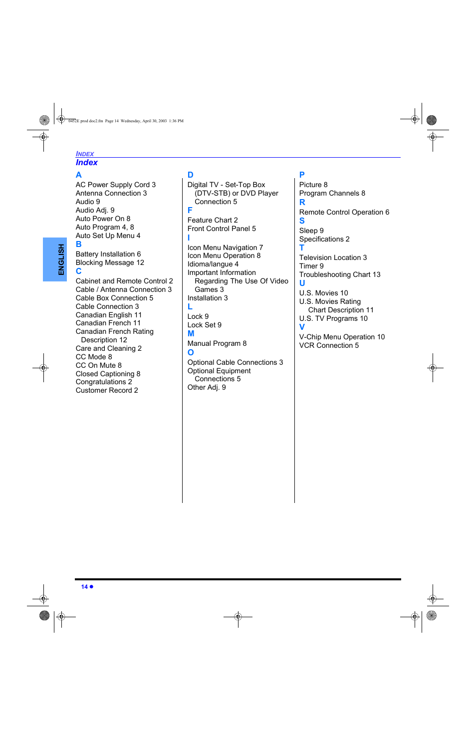 Index | Panasonic CT 20L8 User Manual | Page 16 / 57