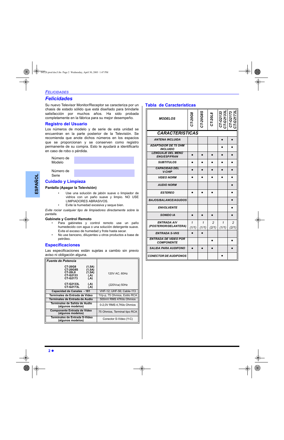 Felicidades, Registro del usuario, Cuidado y limpieza | Especificaciones, Tabla de caracteristicas | Panasonic CT 20L8 User Manual | Page 20 / 57