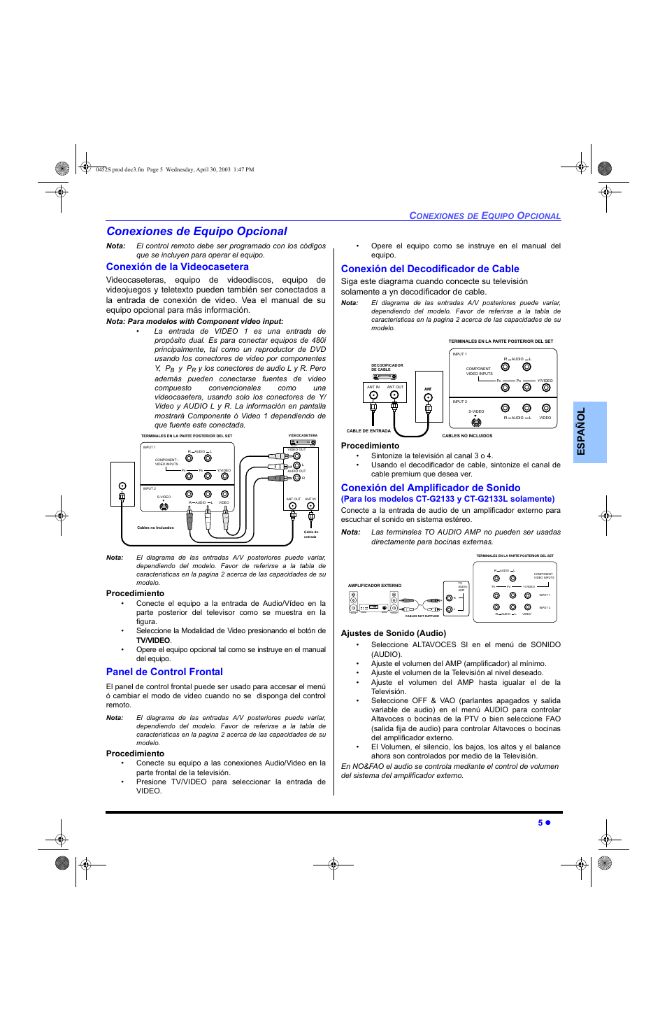Conexiones de equipo opcional, Conexion de la videocasetera, Panel de control frontal | Conexion del decodificador de cable, Conexión de la videocasetera, Conexión del decodificador de cable, Conexión del amplificador de sonido | Panasonic CT 20L8 User Manual | Page 23 / 57