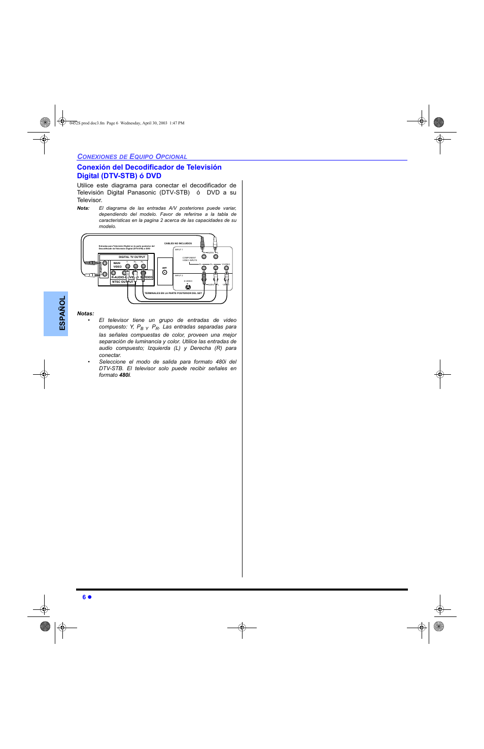 Conexion del decodificador de television digital, Onexiones, Quipo | Pcional | Panasonic CT 20L8 User Manual | Page 24 / 57