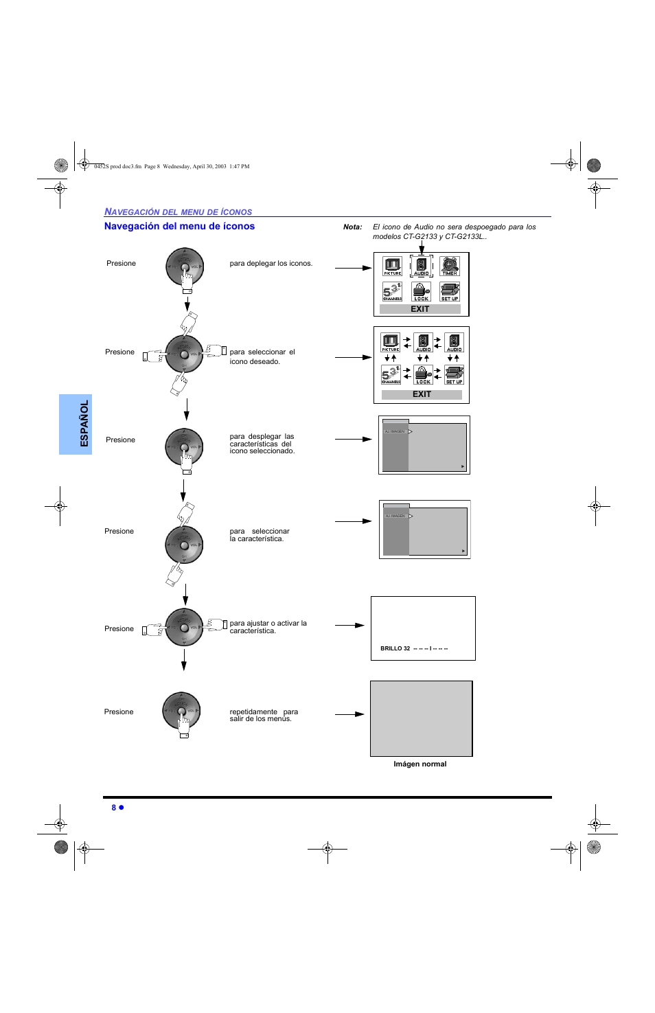 Navegacion del menu de iconos, Exit | Panasonic CT 20L8 User Manual | Page 26 / 57