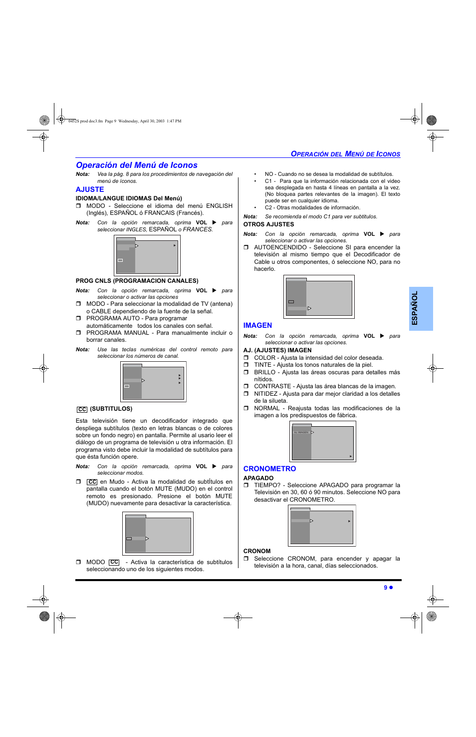 Operacion del menu de iconos, Ajuste, Imagen | Cronometro, Operación del menú de iconos | Panasonic CT 20L8 User Manual | Page 27 / 57