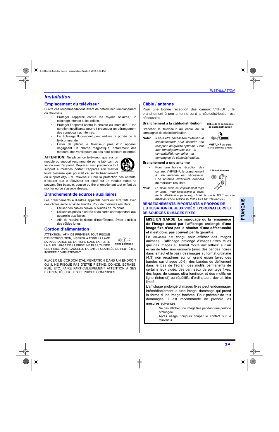 Installation, Emplacement du televiseur, Branchement de sources auxiliaires | Cordon d'almientation, Cable / antenne, Franç ai s, Emplacement du téléviseur, Cordon d’alimentation, Câble / antenne | Panasonic CT 20L8 User Manual | Page 37 / 57