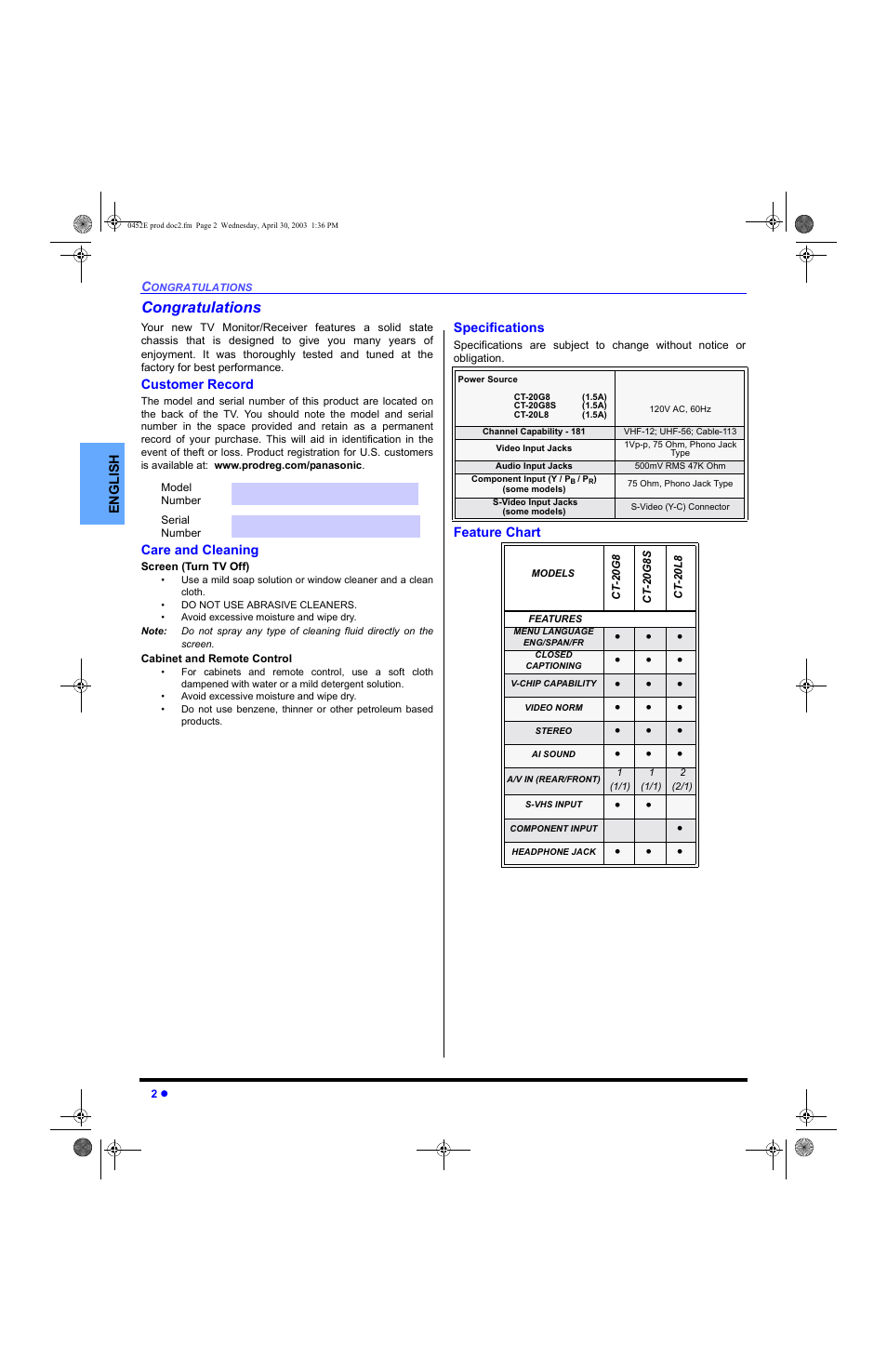 Congratulations, Customer record, Care and cleaning | Specifications, Feature chart | Panasonic CT 20L8 User Manual | Page 4 / 57