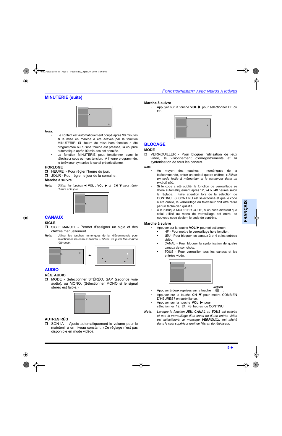 Canaux, Audio, Blocage | Franç ai s, Minuterie (suite) | Panasonic CT 20L8 User Manual | Page 43 / 57