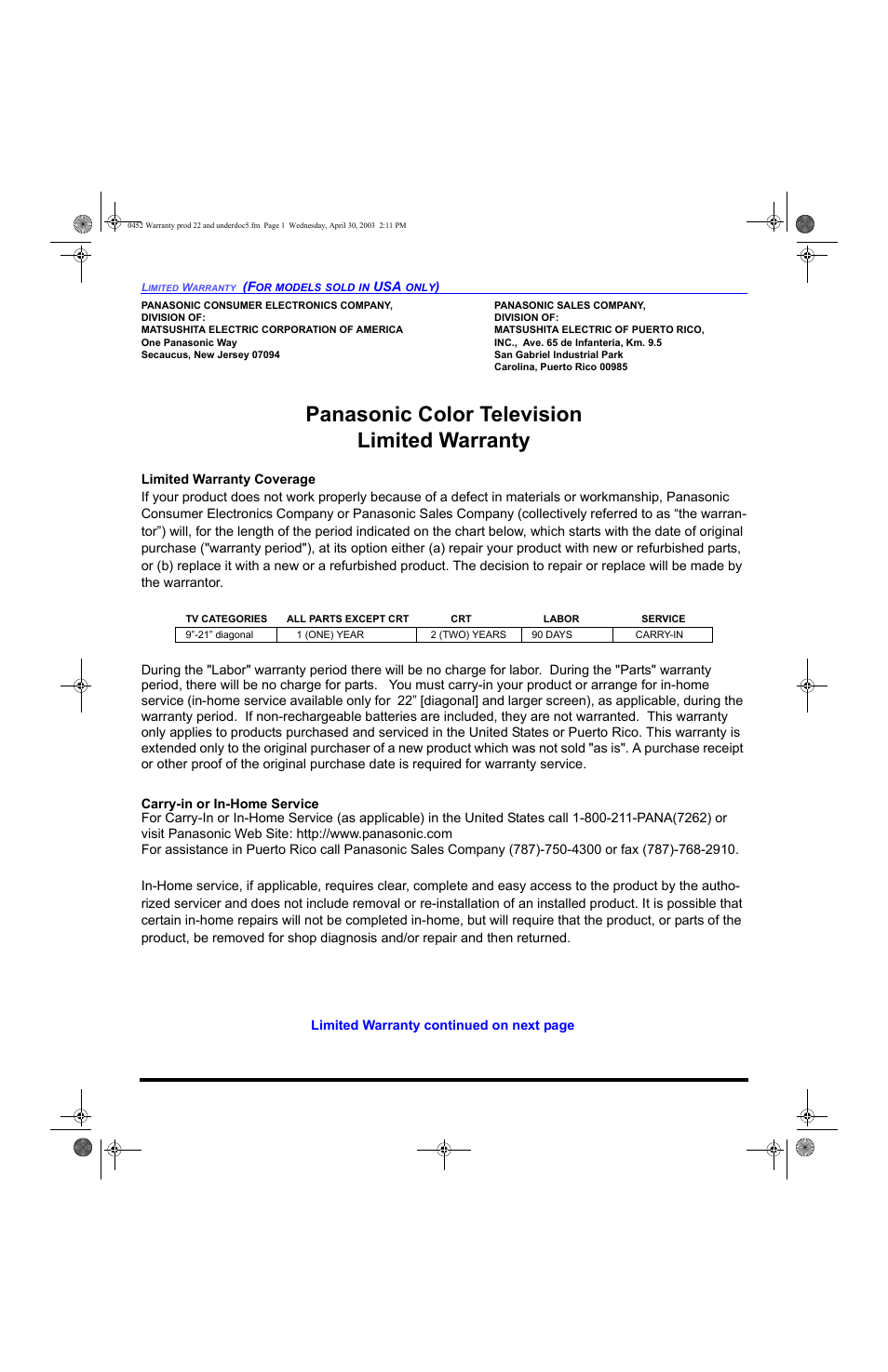 Panasonic color television limited warranty | Panasonic CT 20L8 User Manual | Page 50 / 57