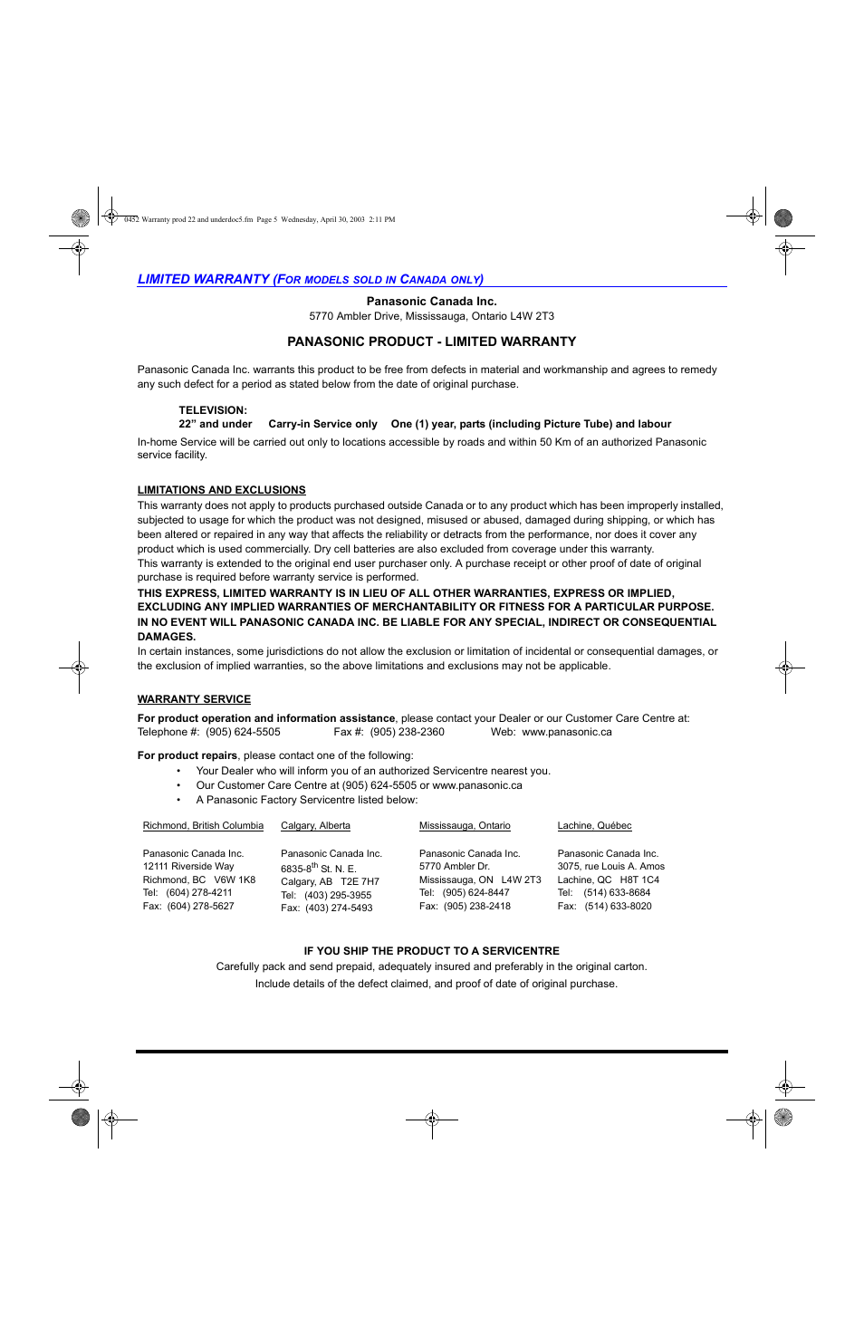 Panasonic CT 20L8 User Manual | Page 54 / 57