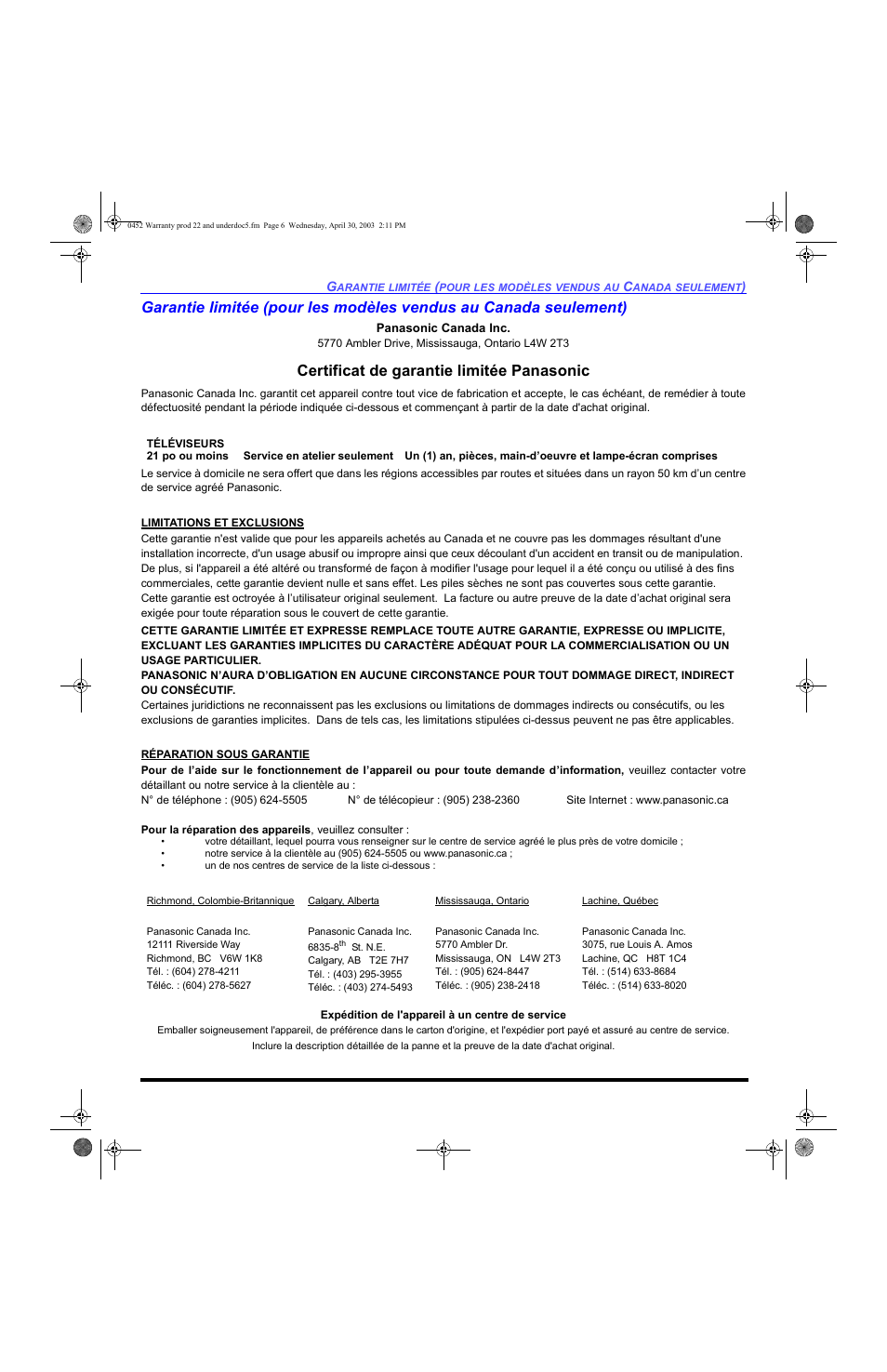 Certificat de garantie limitée panasonic | Panasonic CT 20L8 User Manual | Page 55 / 57