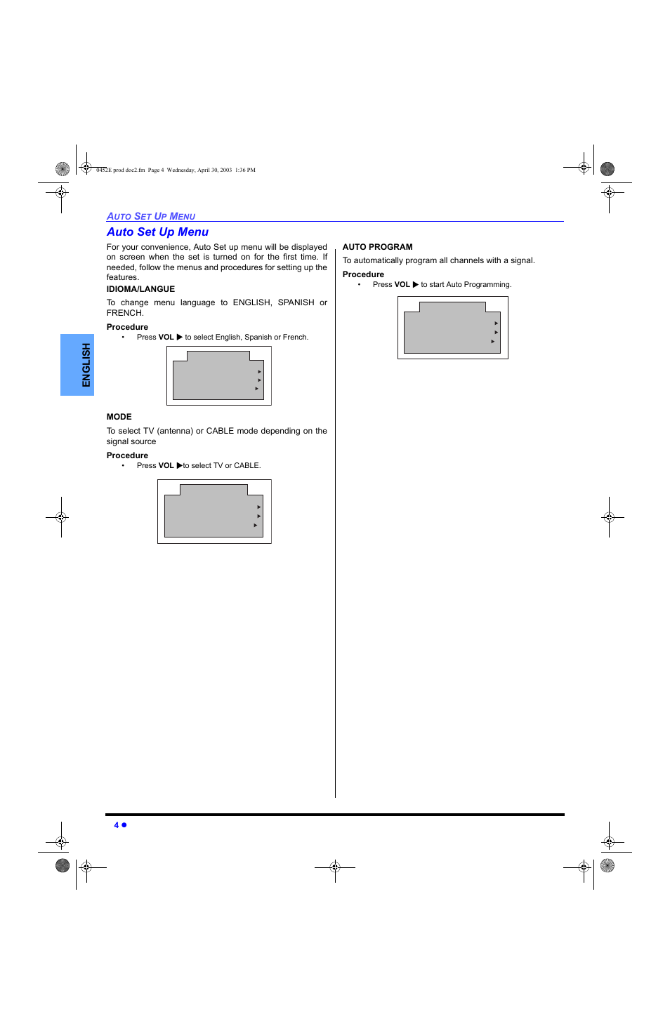 Auto set up menu, En gli s h | Panasonic CT 20L8 User Manual | Page 6 / 57