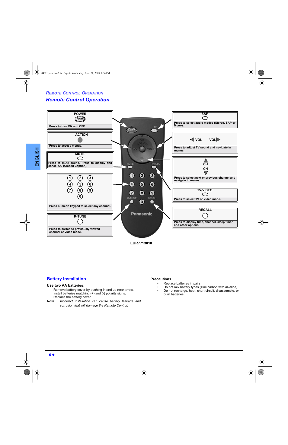 Remote control operation, Battery installation, En gli s h | Panasonic CT 20L8 User Manual | Page 8 / 57