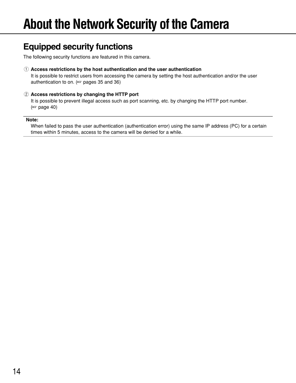 About the network security of the camera, Equipped security functions | Panasonic WV-NP1000 User Manual | Page 14 / 70