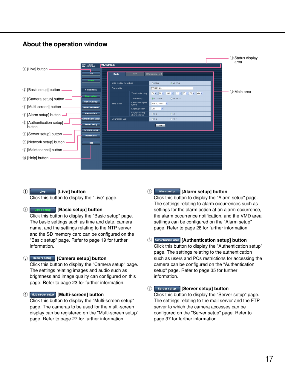 About the operation window | Panasonic WV-NP1000 User Manual | Page 17 / 70