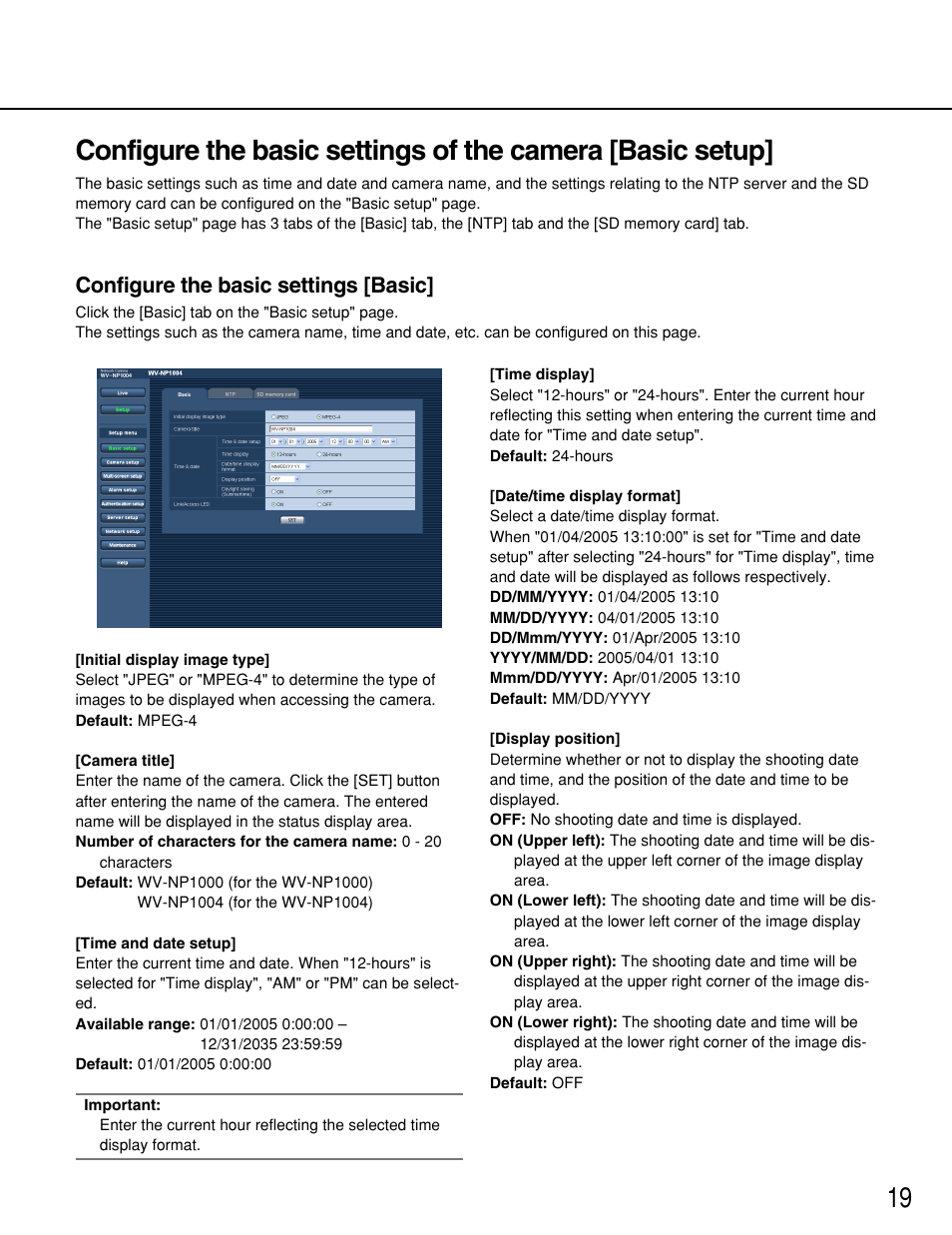 Configure the basic settings [basic | Panasonic WV-NP1000 User Manual | Page 19 / 70