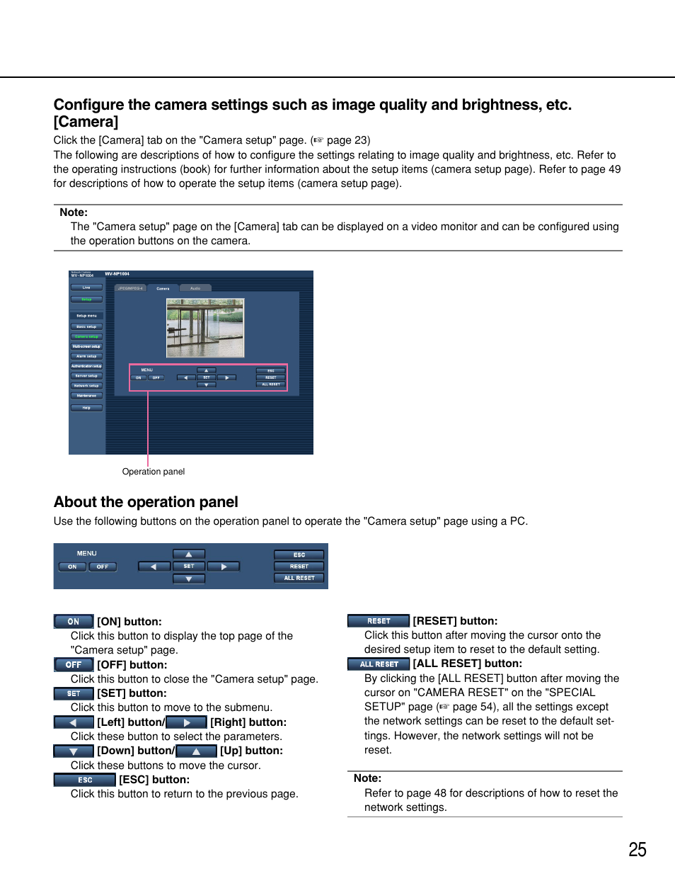 About the operation panel | Panasonic WV-NP1000 User Manual | Page 25 / 70