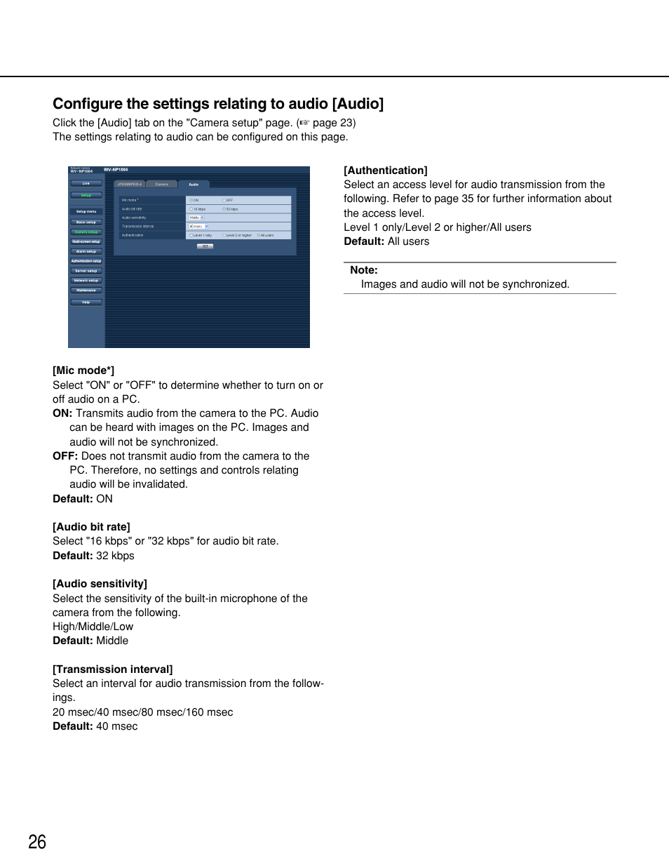 Configure the settings relating to audio [audio | Panasonic WV-NP1000 User Manual | Page 26 / 70