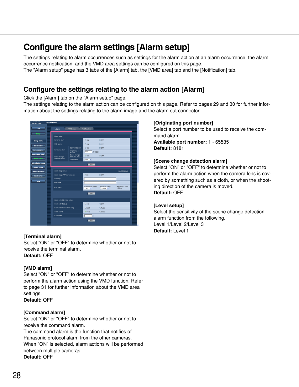 Configure the alarm settings [alarm setup, 28 configure the alarm settings [alarm setup | Panasonic WV-NP1000 User Manual | Page 28 / 70