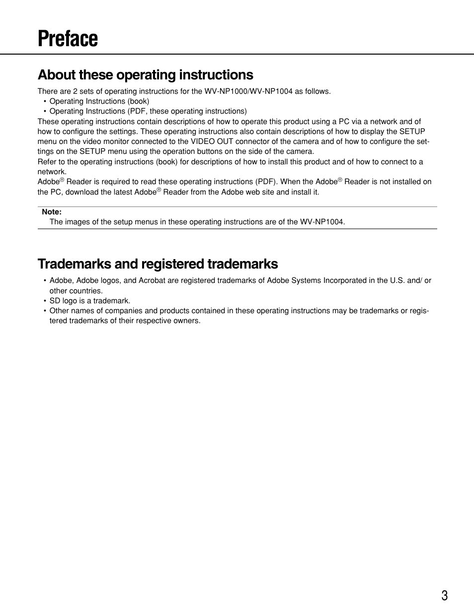 Preface, About these operating instructions, Trademarks and registered trademarks | Panasonic WV-NP1000 User Manual | Page 3 / 70