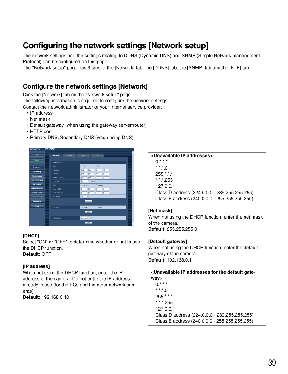 Configuring the network settings [network setup, 39 configuring the network settings [network setup, Configure the network settings [network | Panasonic WV-NP1000 User Manual | Page 39 / 70