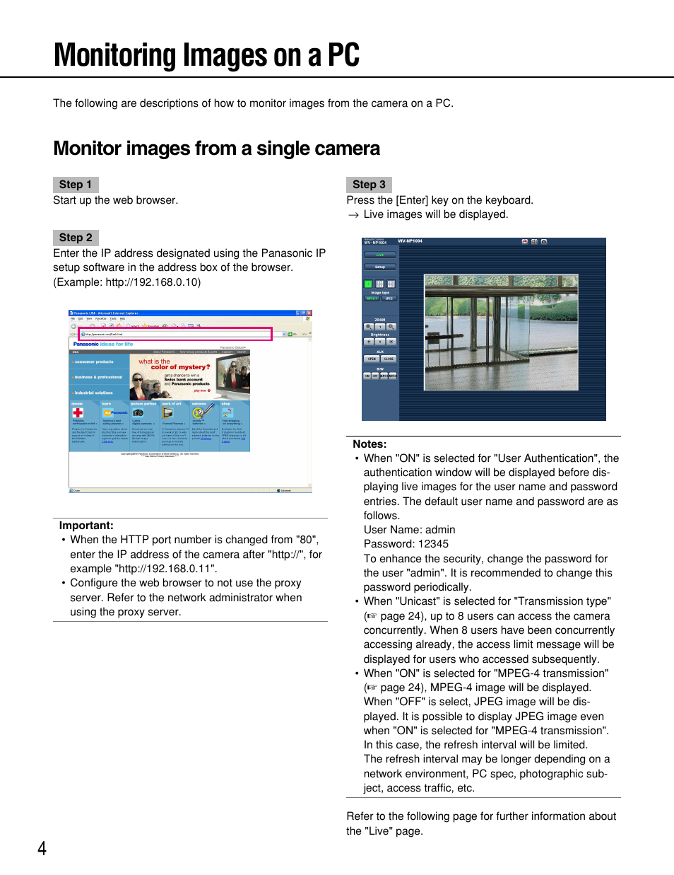 Monitoring images on a pc, Monitor images from a single camera | Panasonic WV-NP1000 User Manual | Page 4 / 70