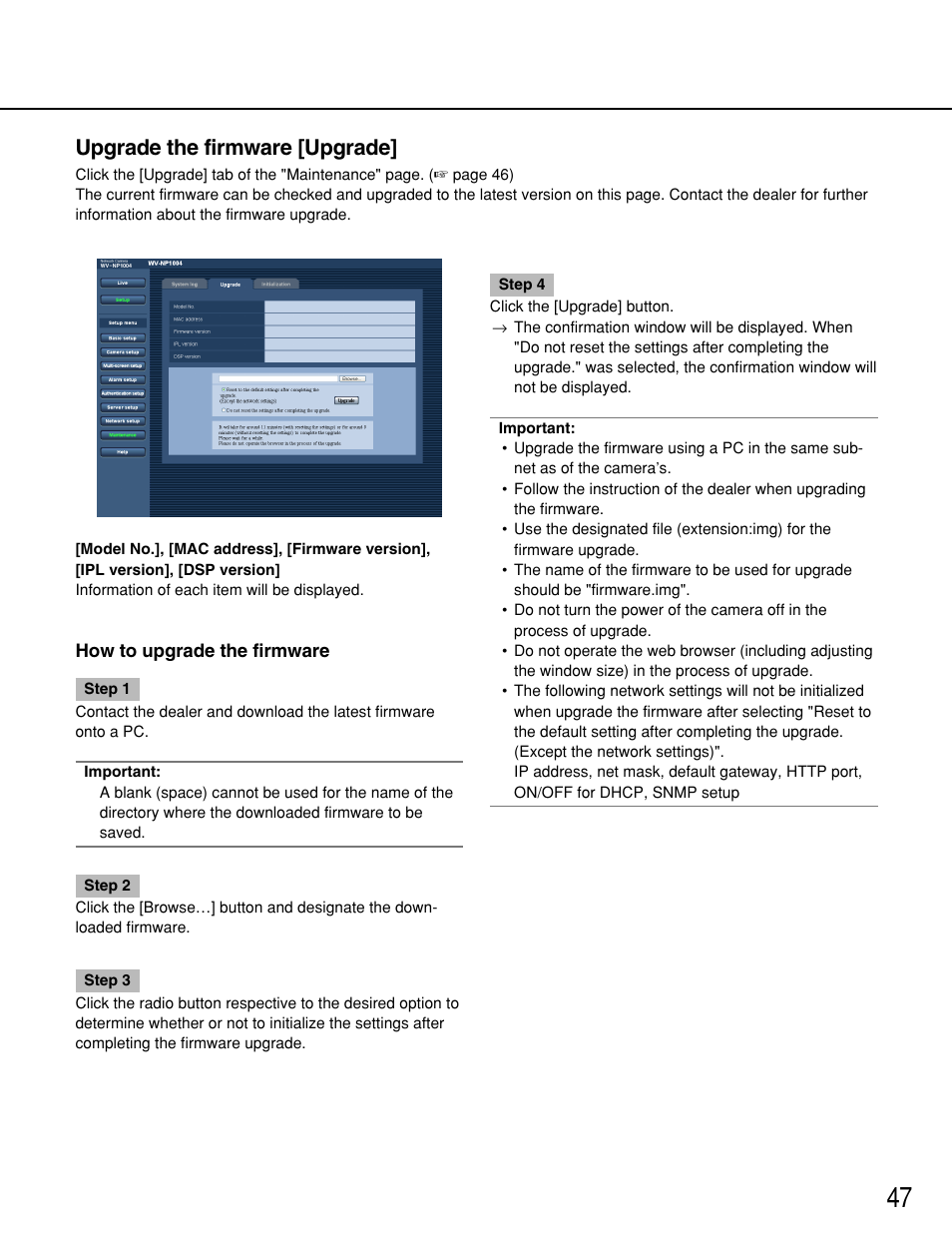 Upgrade the firmware [upgrade | Panasonic WV-NP1000 User Manual | Page 47 / 70