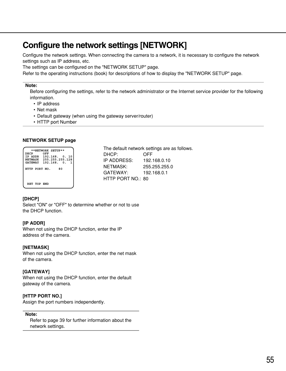 Configure the network settings [network, 55 configure the network settings [network | Panasonic WV-NP1000 User Manual | Page 55 / 70