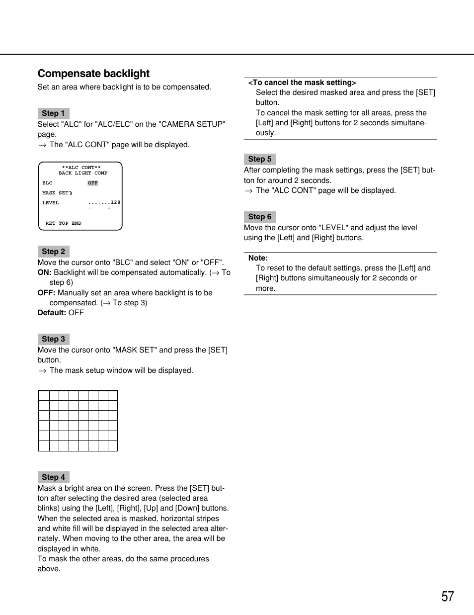 Compensate backlight | Panasonic WV-NP1000 User Manual | Page 57 / 70