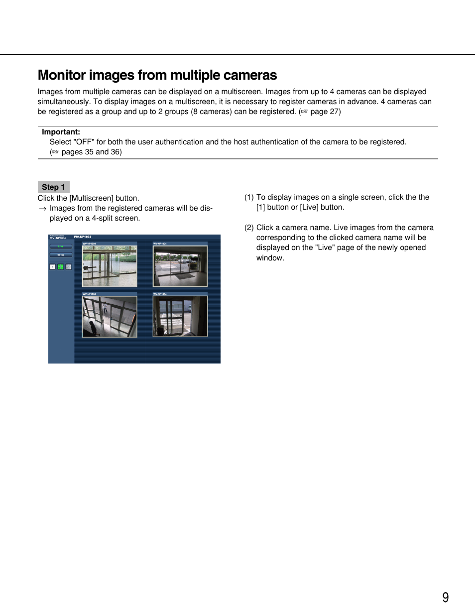 Monitor images from multiple cameras, 9monitor images from multiple cameras | Panasonic WV-NP1000 User Manual | Page 9 / 70