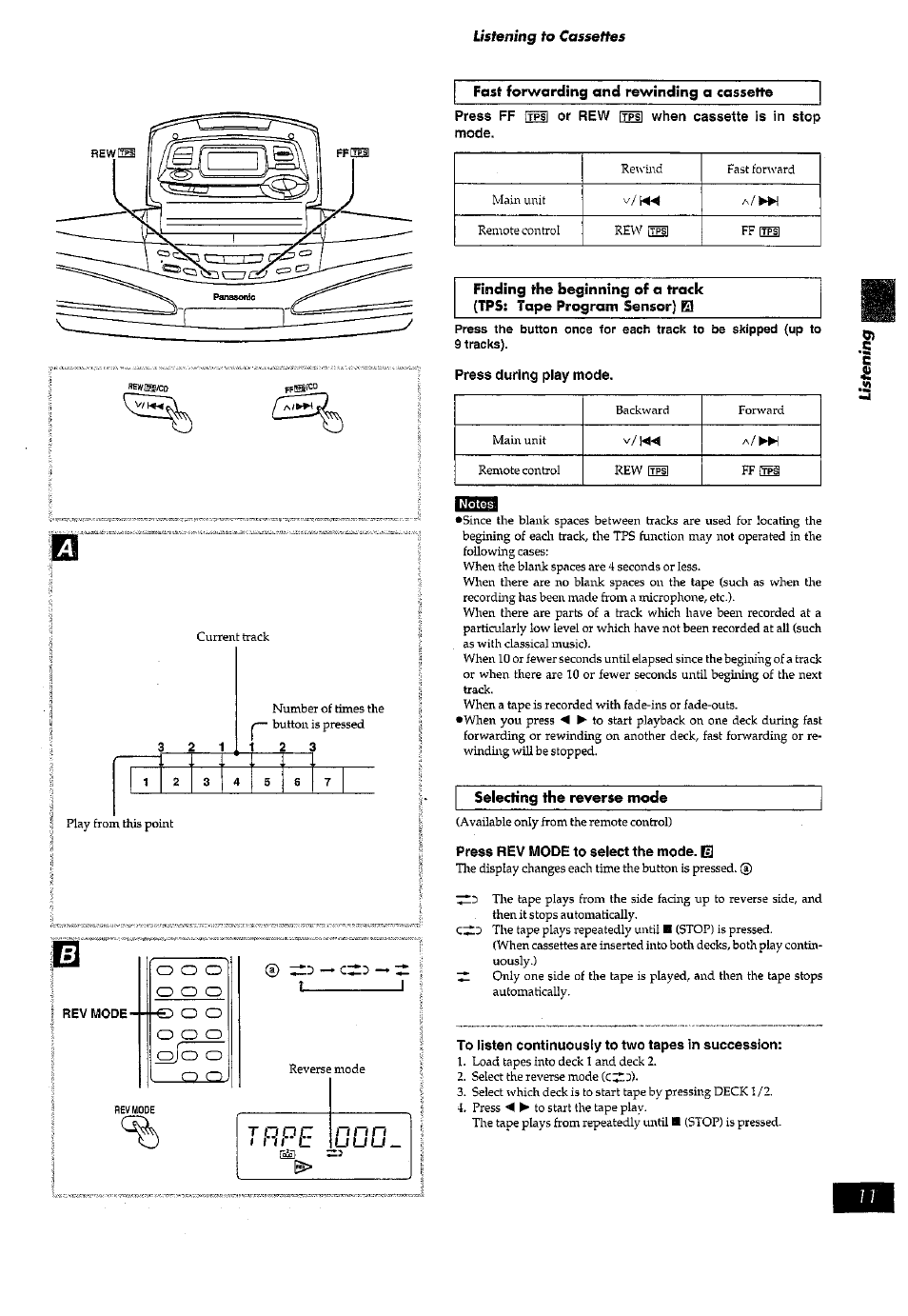 Fast forwarding and rewinding a cassette, Press ff mode, Press during play mode | Selecting the reverse mode, Press rev mode to select the mode, m, To listen continuously to two tapes in succession | Panasonic RX-ED77 User Manual | Page 11 / 36