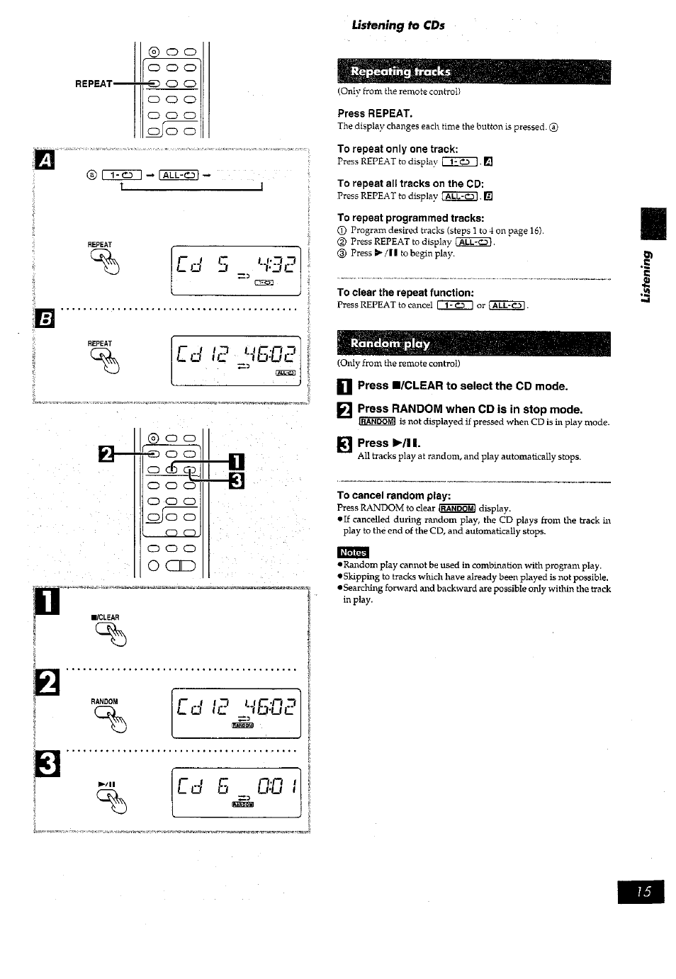 O o o, Olo o, Press repeat | To repeat only one track, To repeat all tracks on the cd, To repeat programmed tracks, To clear the repeat function, Press h/clear to select the cd mode, 0 press random when cd is in stop mode, Press ^/11 | Panasonic RX-ED77 User Manual | Page 15 / 36