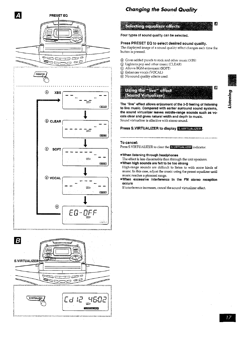 Press preset eq to select desired sound quality, Press s.virtualizer to display, To cancel | Changing the sound quaiity | Panasonic RX-ED77 User Manual | Page 17 / 36