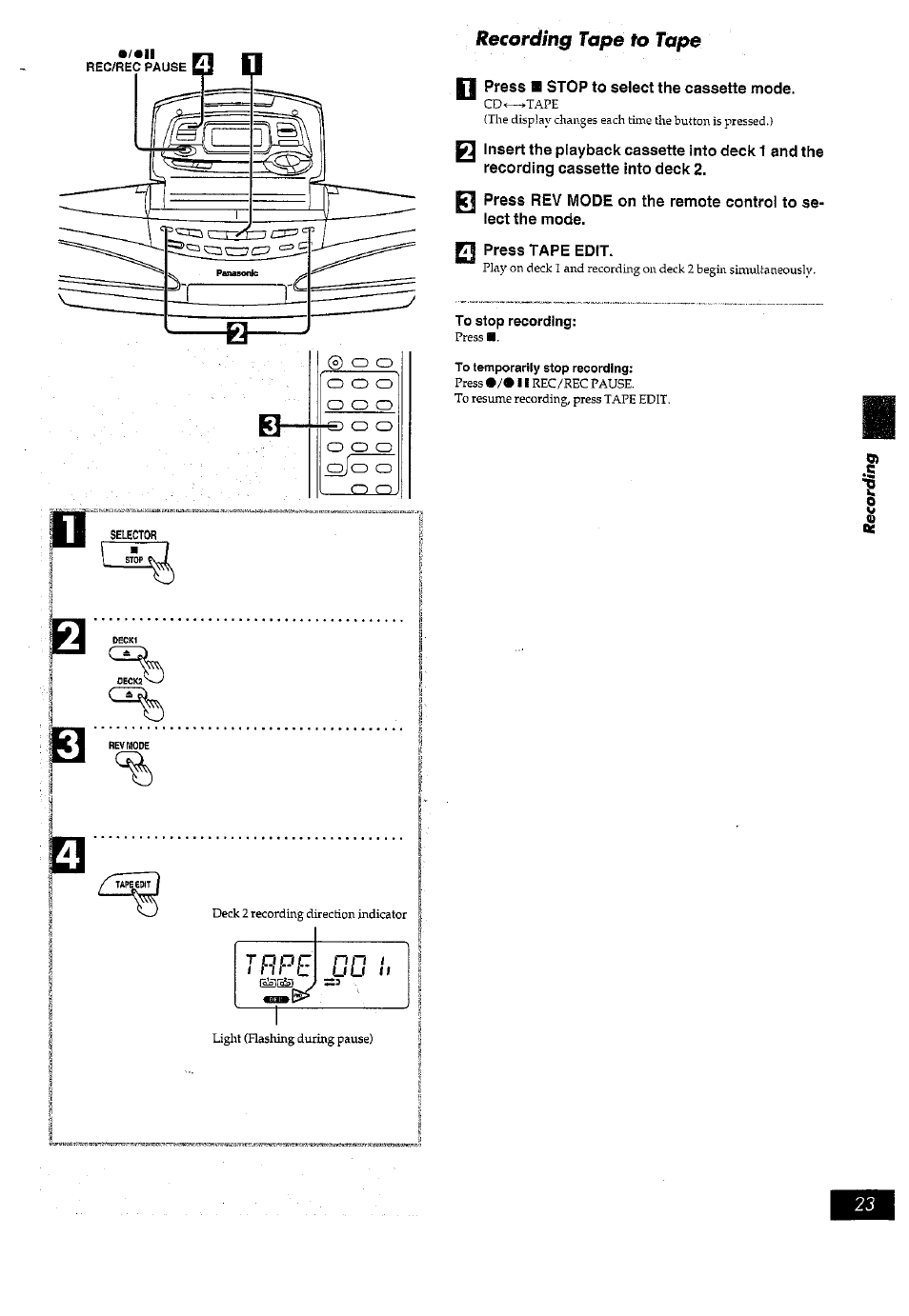 N press ■ stop to select the cassette mode, Gj press tape edit, Trpe | Panasonic RX-ED77 User Manual | Page 23 / 36