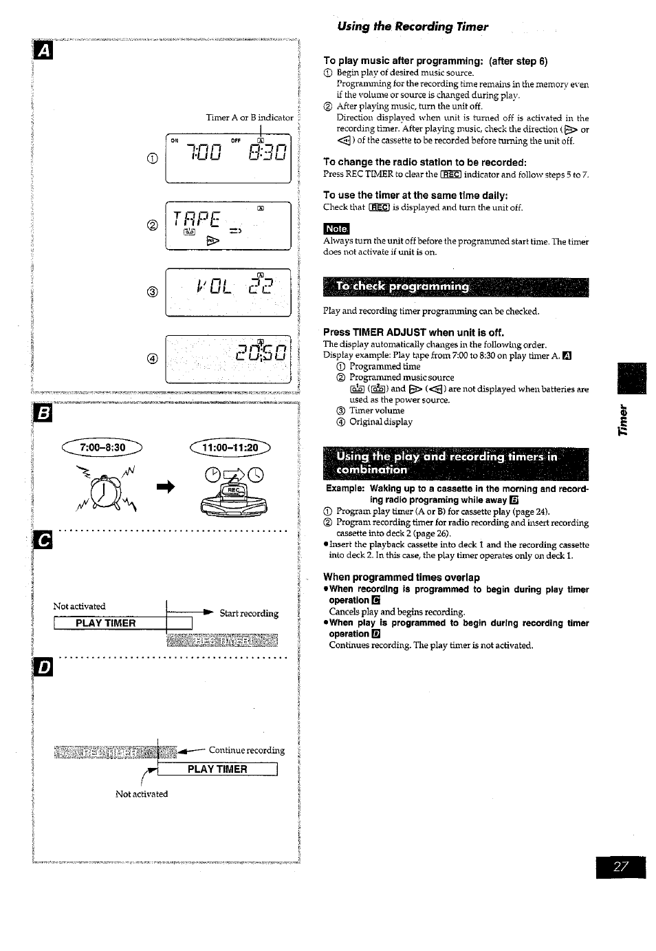 To play music after programming: (after step 6), To change the radio station to be recorded, To use the timer at the same time daily | To che|cic programming, Press timer adjust when unit is off, When programmed times overlap, Play timer | Panasonic RX-ED77 User Manual | Page 27 / 36