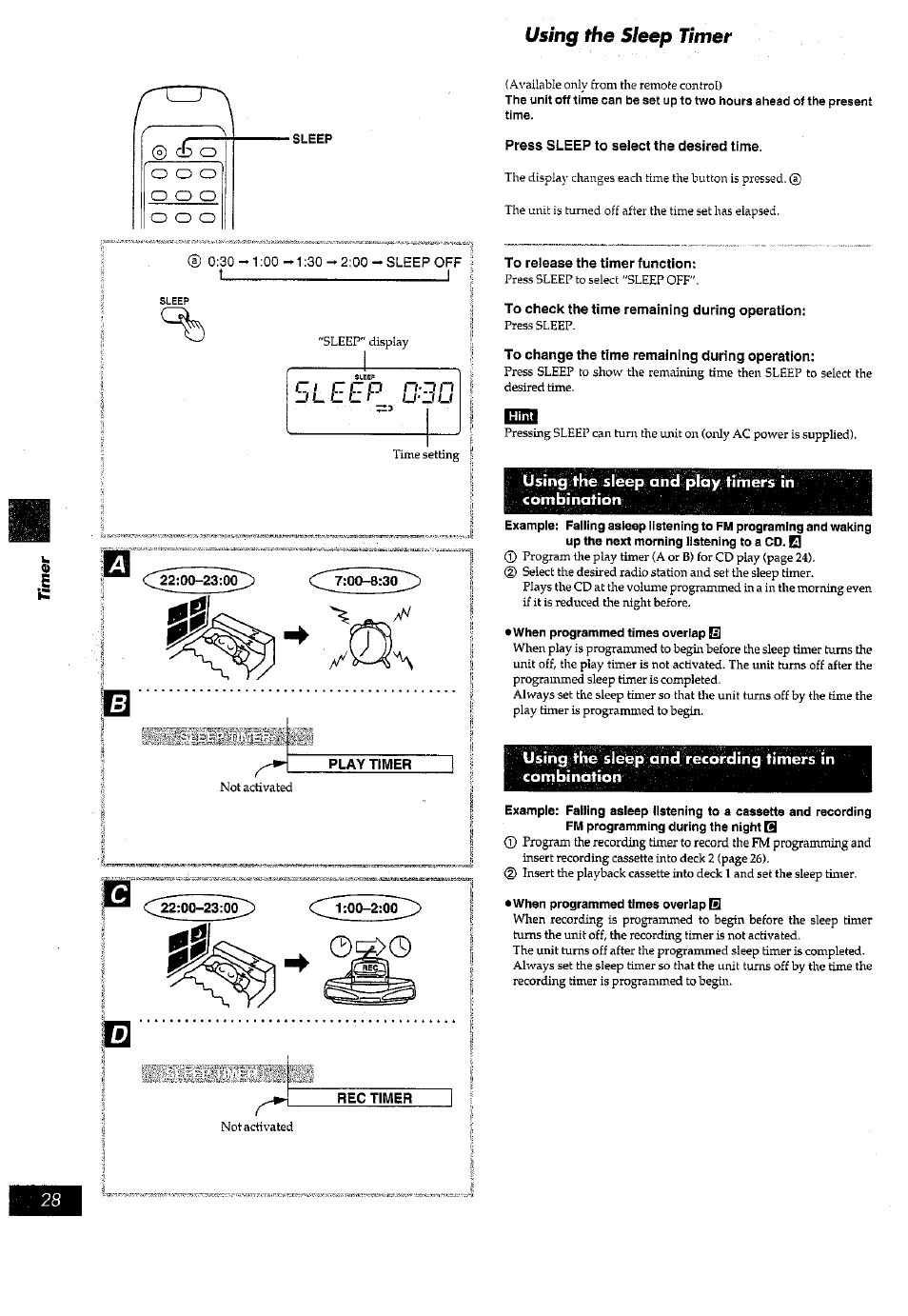 Play timer, Press sleep to select the desired time, To release the timer function | To check the time remaining during operation, To change the time remaining during operation, Using the sleep and play timers in combination, Rec timer, Using the sleep timer | Panasonic RX-ED77 User Manual | Page 28 / 36