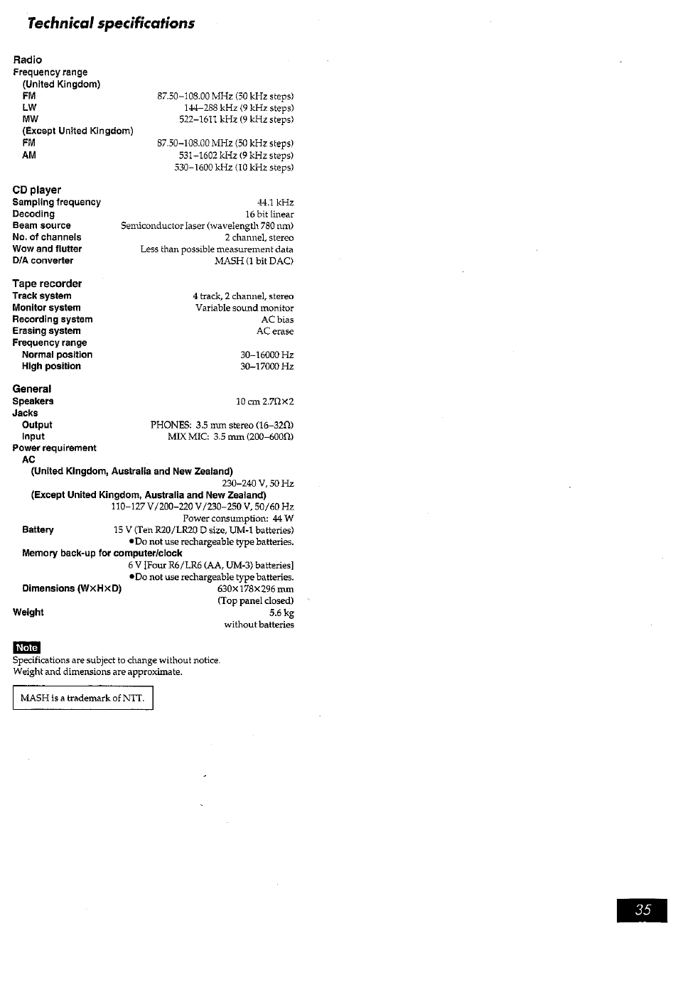 Radio, Technical specifications | Panasonic RX-ED77 User Manual | Page 35 / 36
