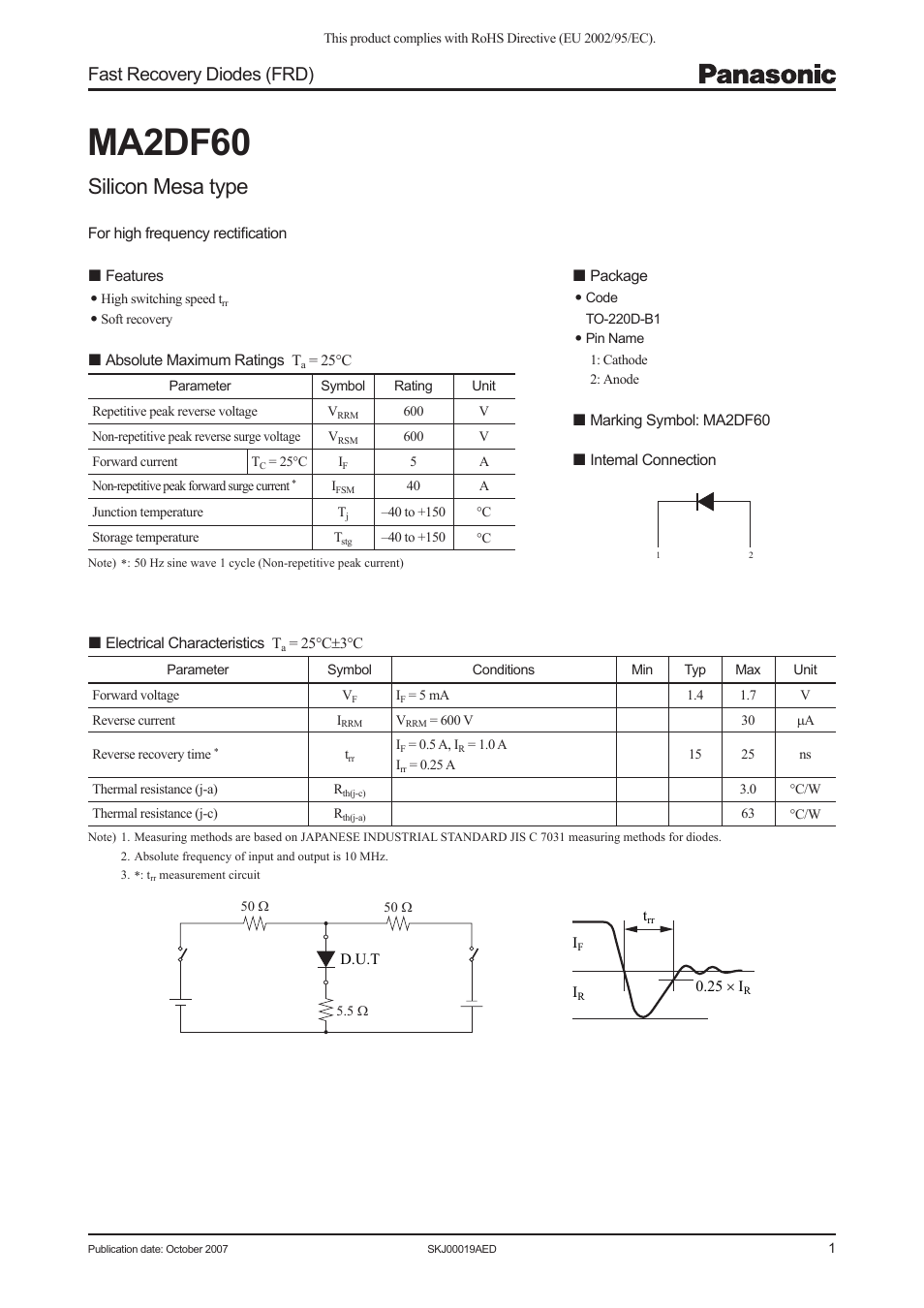 Panasonic Fast Recovery Diodes MA2DF60 User Manual | 3 pages