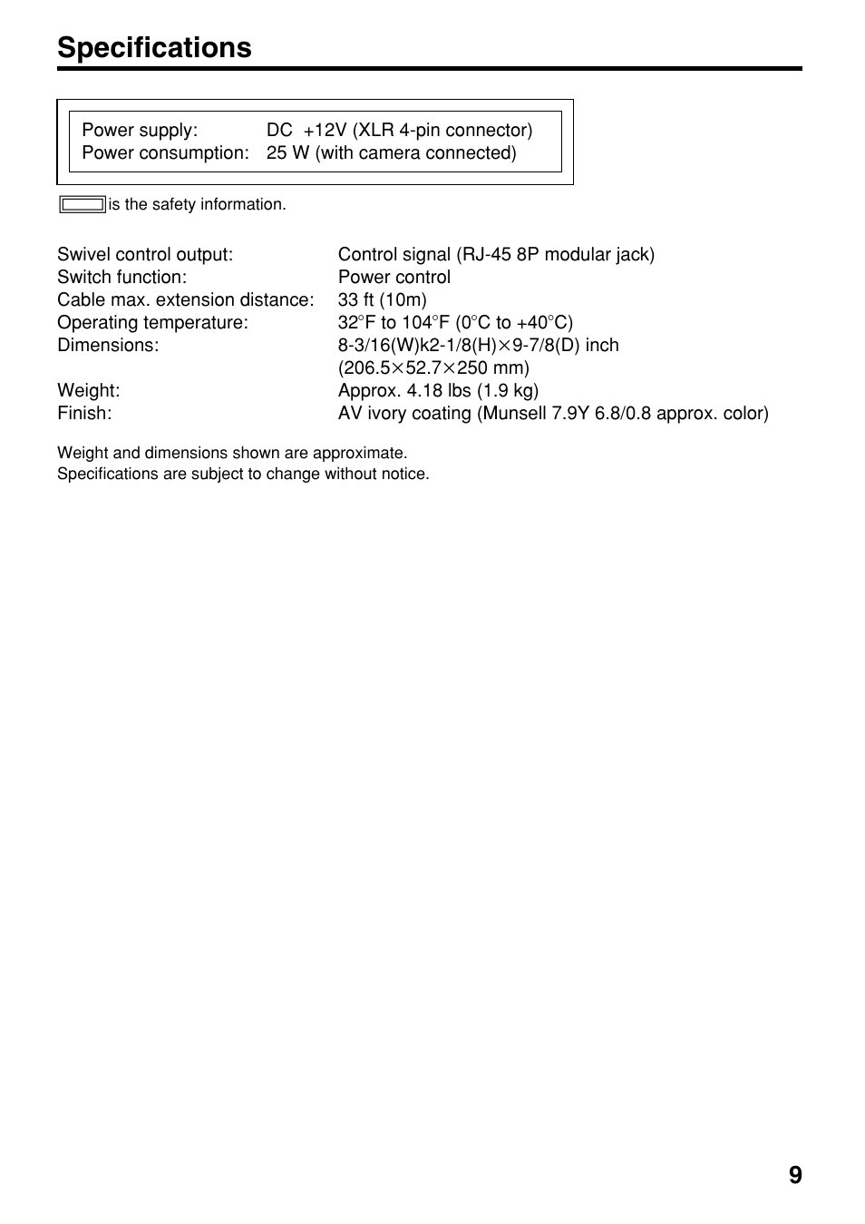Specifications | Panasonic AK-HTF900P User Manual | Page 9 / 12