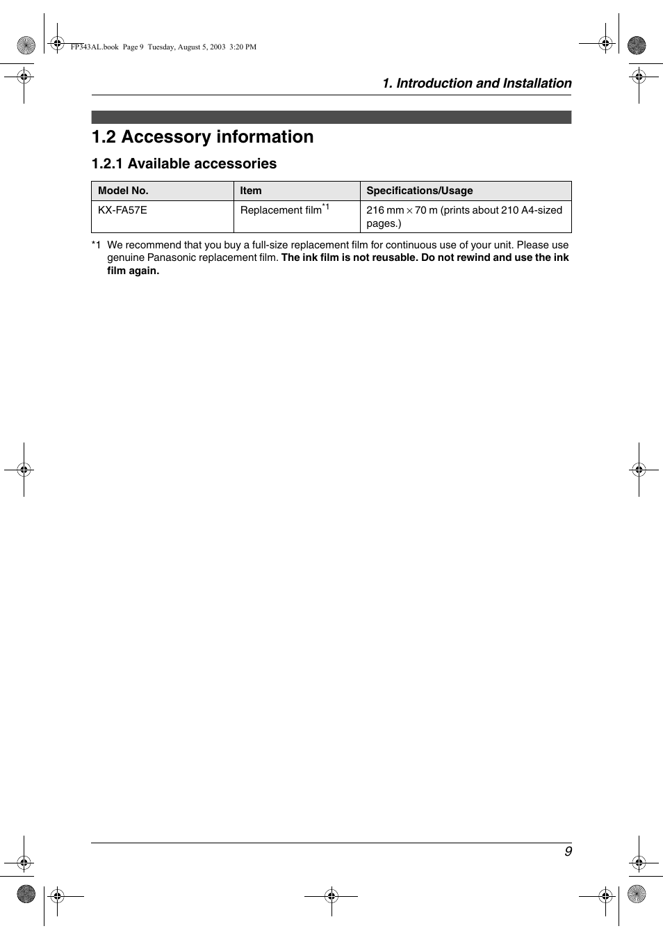 2 accessory information, Accessory information, 2 accessory information | 1 available accessories | Panasonic KX-FP343AL User Manual | Page 11 / 58