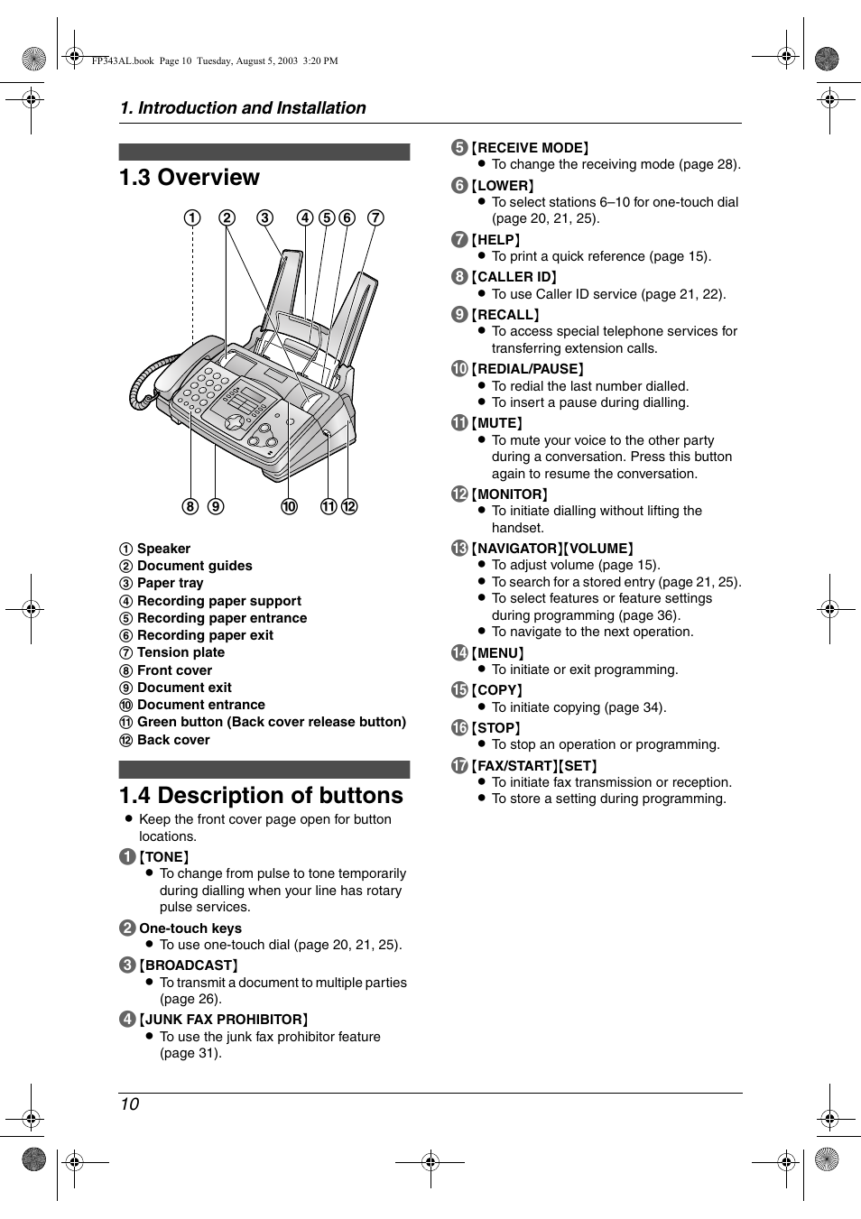 Finding the controls, 3 overview, 4 description of buttons | Overview, Description of buttons, 3 overview 1.4 description of buttons | Panasonic KX-FP343AL User Manual | Page 12 / 58