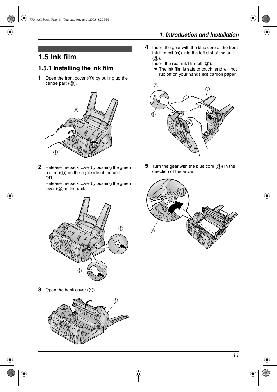Installation, 5 ink film, Ink film | 5 ink film, 1 installing the ink film | Panasonic KX-FP343AL User Manual | Page 13 / 58
