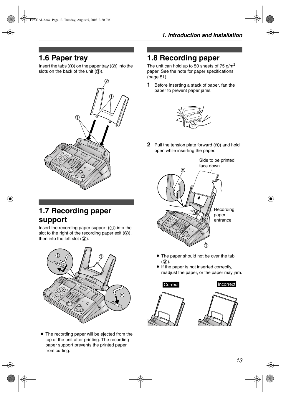 6 paper tray, 7 recording paper support, 8 recording paper | Paper tray, Recording paper support, Recording paper, 6 paper tray, 7 recording paper support, 8 recording paper | Panasonic KX-FP343AL User Manual | Page 15 / 58