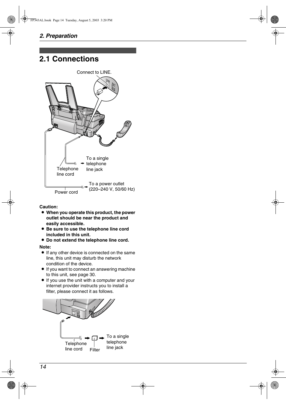 Preparation, Connections and setup, 1 connections | Help button, Connections, 1 connections, Preparation 14 | Panasonic KX-FP343AL User Manual | Page 16 / 58