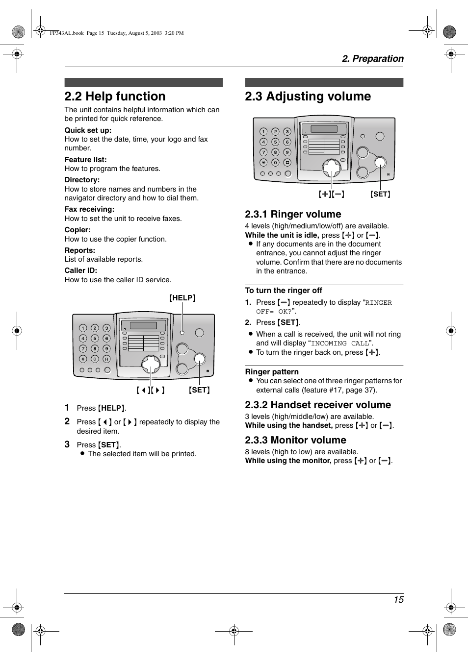 2 help function, Volume, 3 adjusting volume | Help function, Adjusting volume, 2 help function, 3 adjusting volume, 1 ringer volume, 2 handset receiver volume, 3 monitor volume | Panasonic KX-FP343AL User Manual | Page 17 / 58