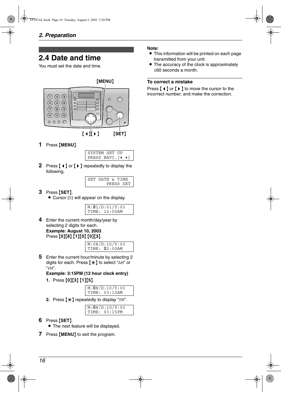 Initial programming, 4 date and time, Date and time | 4 date and time, Preparation 16 | Panasonic KX-FP343AL User Manual | Page 18 / 58