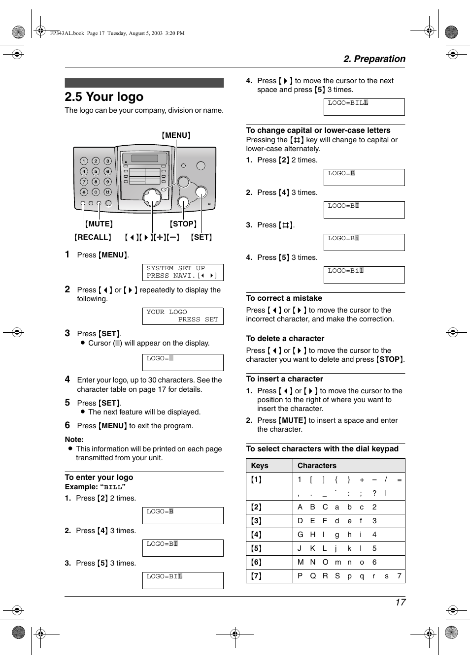 5 your logo, Your logo, 5 your logo | Preparation 17 | Panasonic KX-FP343AL User Manual | Page 19 / 58