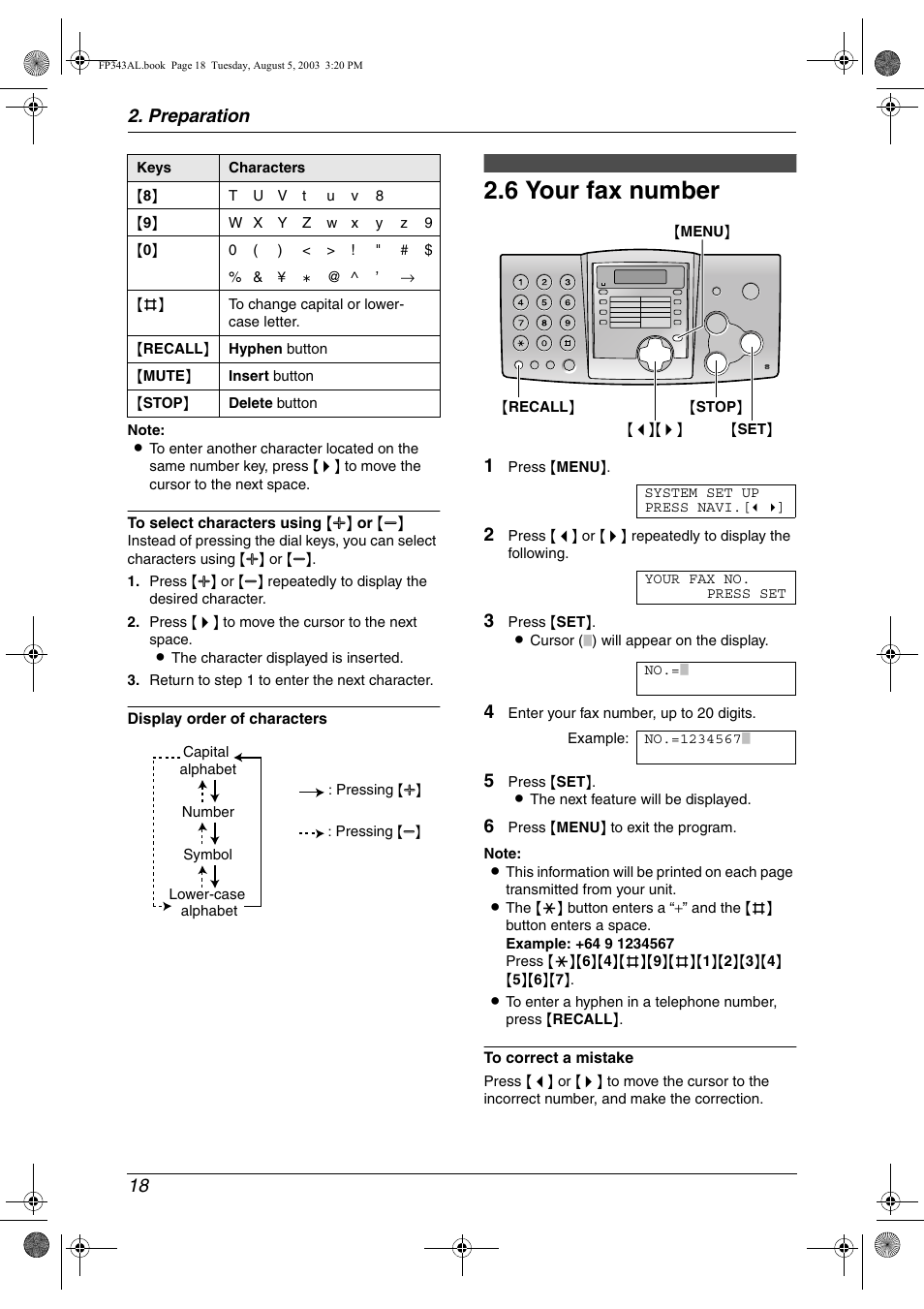 6 your fax number, Your fax number, 6 your fax number | Preparation 18 | Panasonic KX-FP343AL User Manual | Page 20 / 58