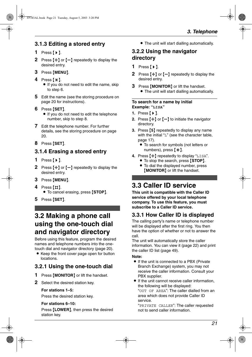 Caller id, 3 caller id service, Caller id service | 3 caller id service, 3 editing a stored entry, 4 erasing a stored entry, 1 using the one-touch dial, 2 using the navigator directory, 1 how caller id is displayed | Panasonic KX-FP343AL User Manual | Page 23 / 58