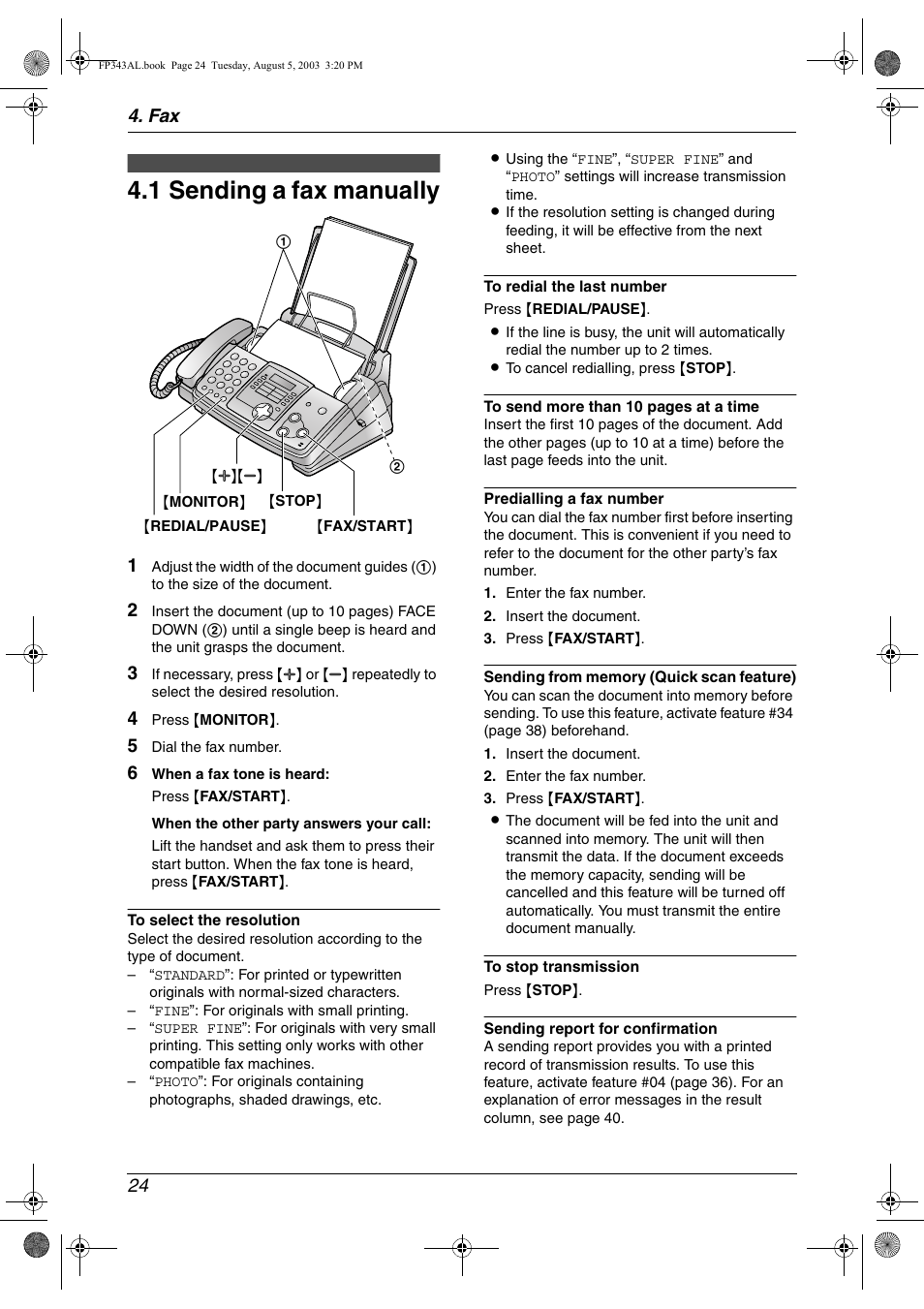 Sending faxes, 1 sending a fax manually, Sending a fax manually | 1 sending a fax manually, Fax 24 | Panasonic KX-FP343AL User Manual | Page 26 / 58