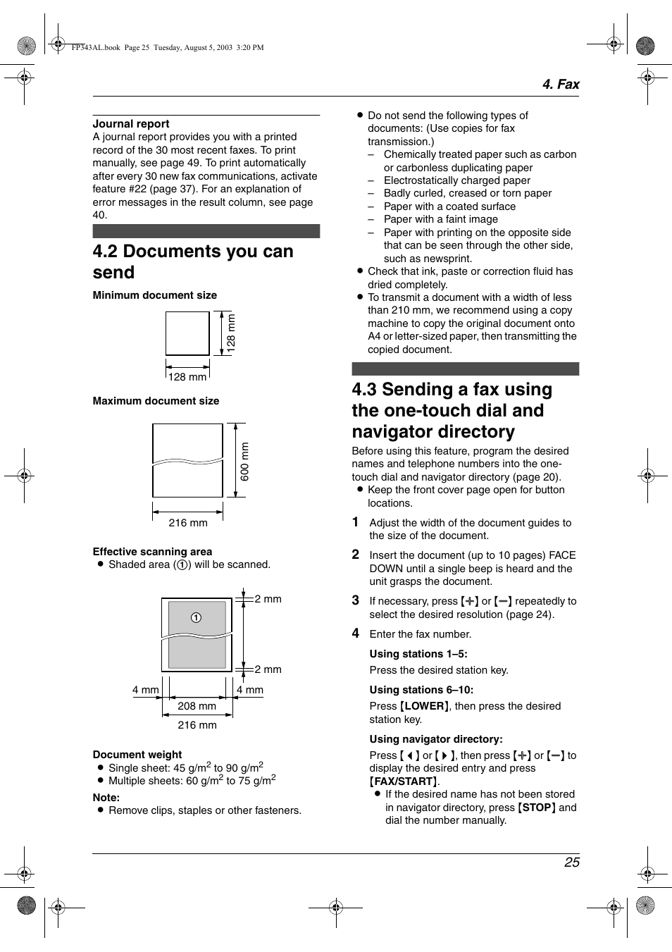 2 documents you can send, Documents you can send, 2 documents you can send | Fax 25 | Panasonic KX-FP343AL User Manual | Page 27 / 58