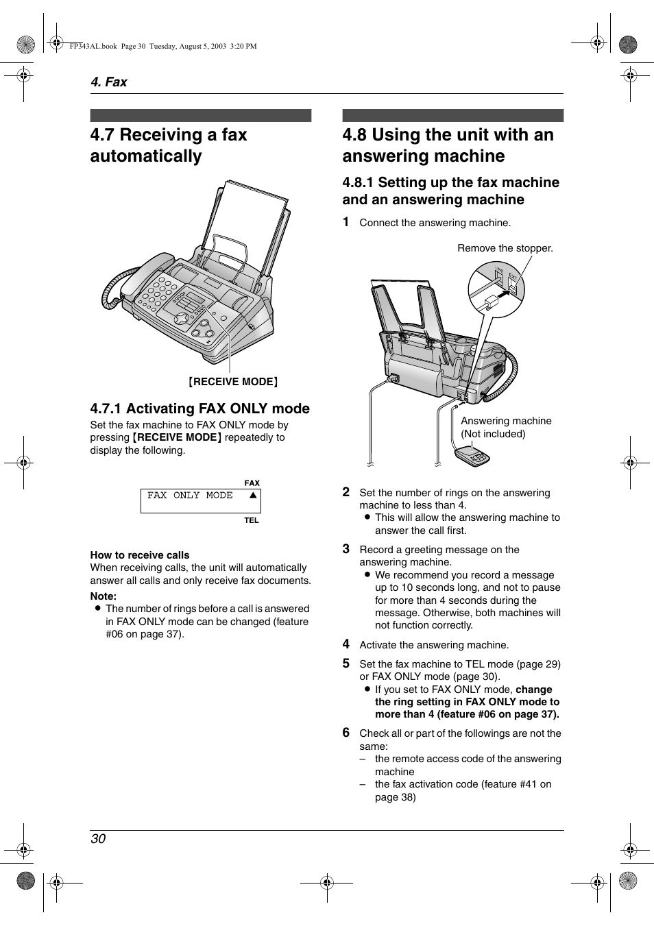 7 receiving a fax automatically, 8 using the unit with an answering machine, Receiving a fax automatically | Using the unit with an answering, Machine, 7 receiving a fax automatically, 8 using the unit with an answering machine | Panasonic KX-FP343AL User Manual | Page 32 / 58